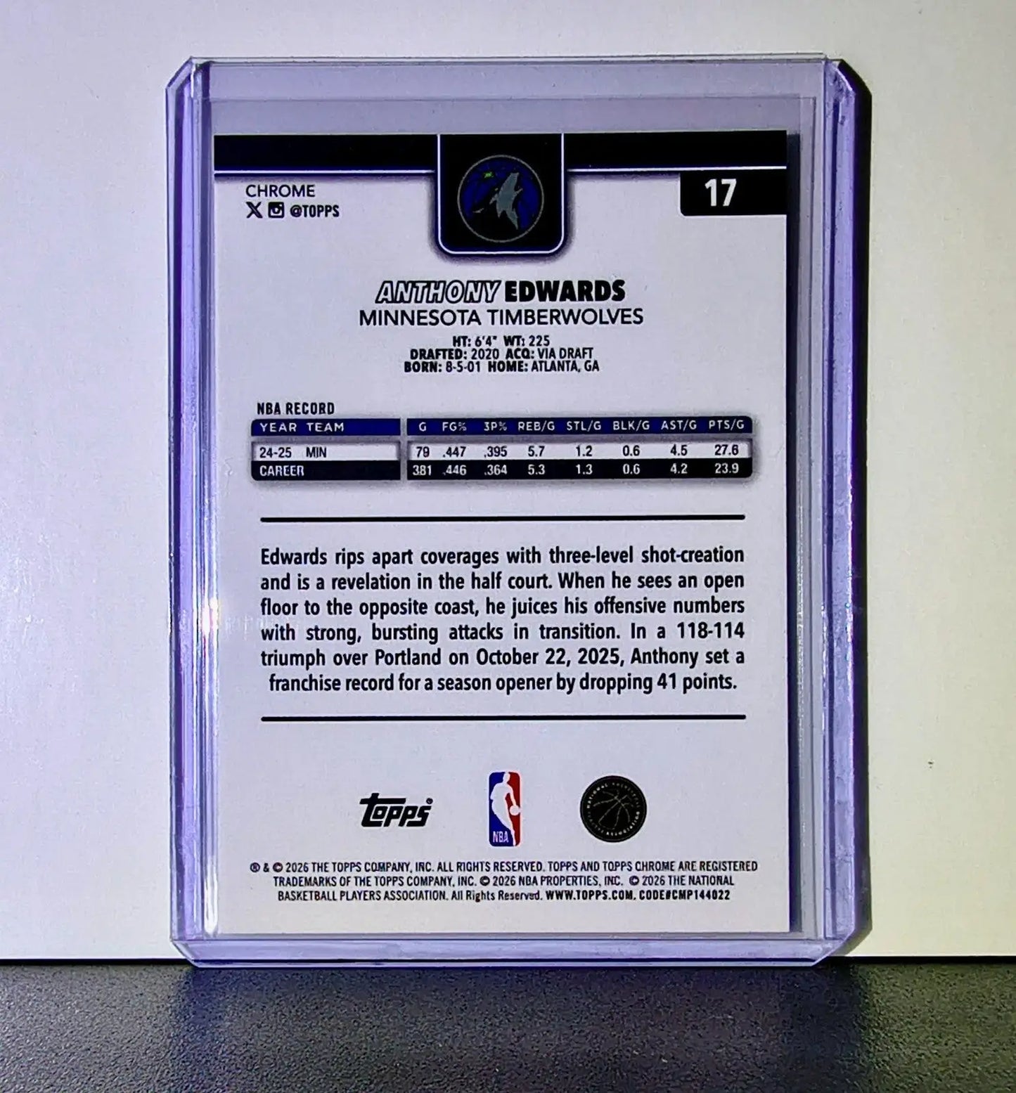 Anthony Edwards 2025-26 NBA Topps Chrome Update #17 Card Minnesota Timberwolves - Basketball Card Single