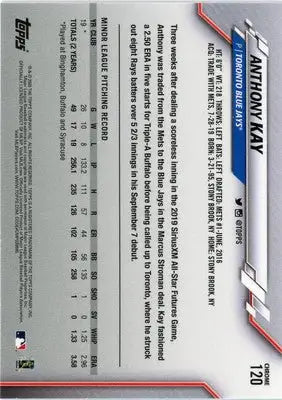 Anthony Kay Rookie 2020 Topps Chrome #120 Toronto Blue Jays - Baseball Card Single