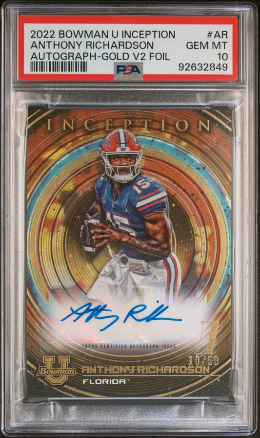 Anthony Richardson 2022 Bowman U Inception Gold Auto #10/50 PSA 10 Gem Mint - Football Card Single