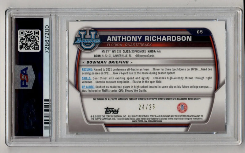 Anthony Richardson 2022 Bowman University Chrome Prospects 24/25 SP Auto PSA 9 Mint - Football Card Single