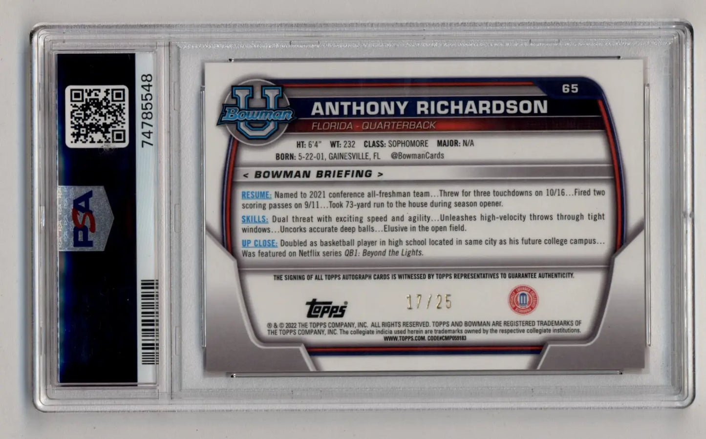 Anthony Richardson 2022 Bowman University Orange Shimmer Refractor Auto 17/25 PSA 9 Mint Auto 10 - Football Card Single