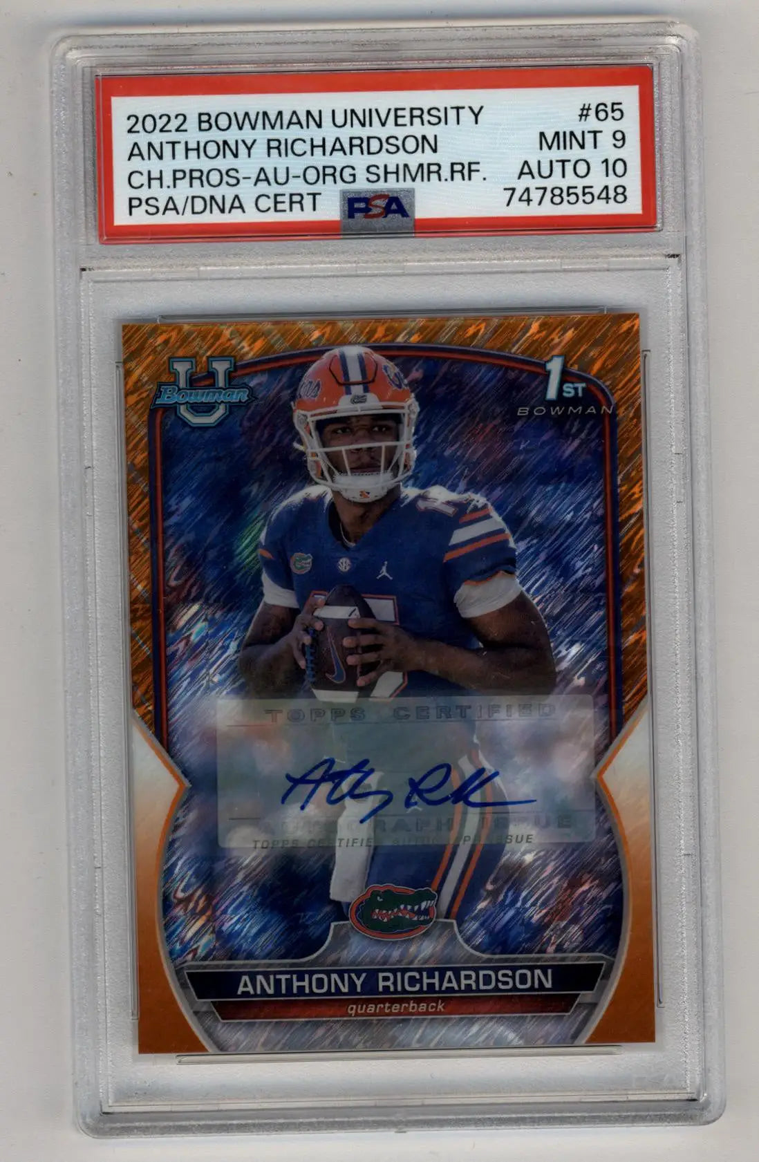 Anthony Richardson 2022 Bowman University Orange Shimmer Refractor Auto 17/25 PSA 9 Mint Auto 10 - Football Card Single