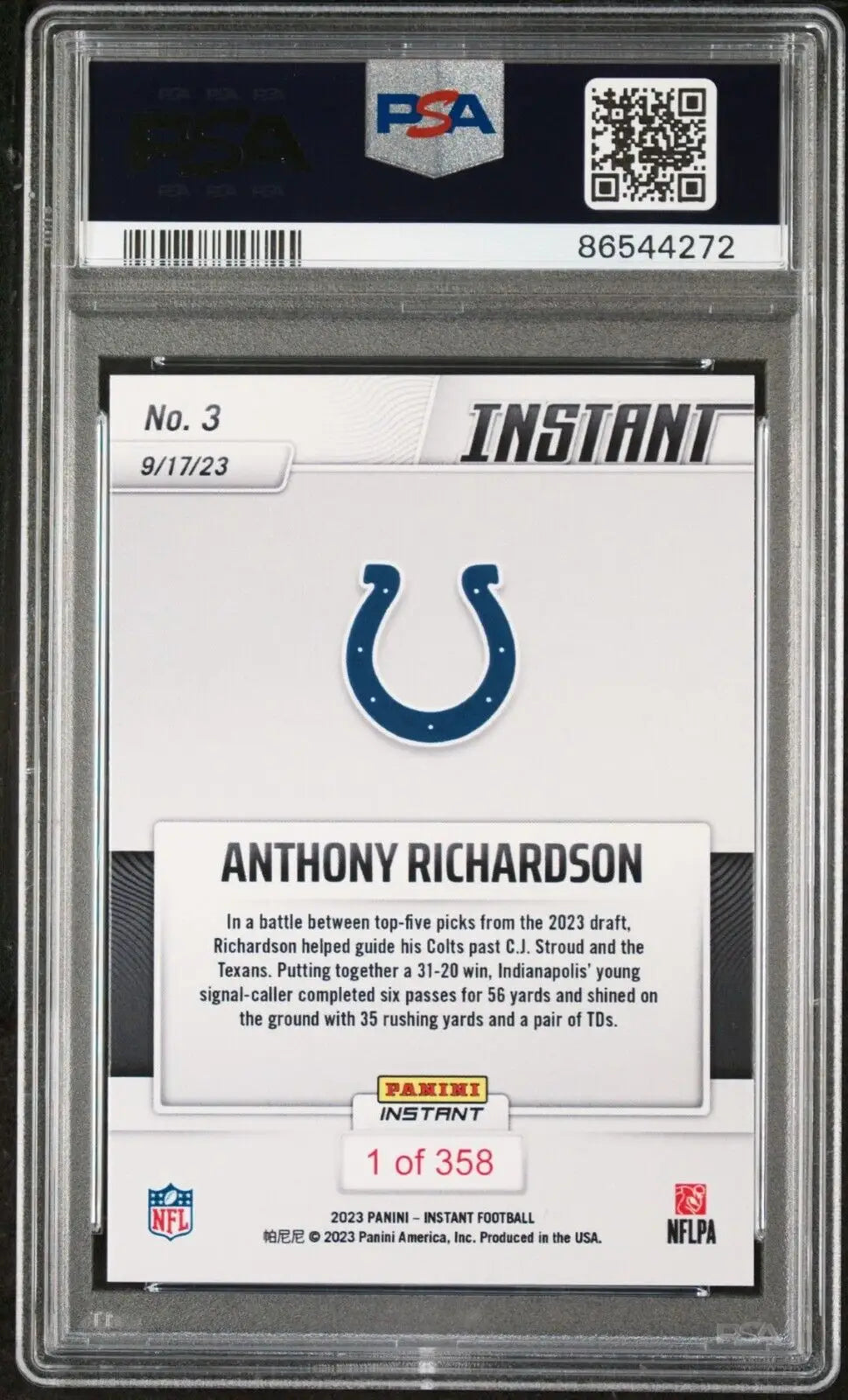 Anthony Richardson 2023 Panini NFL Rookie #3 Card 1 of 358 Colts PSA 9 Mint - Football Card Single