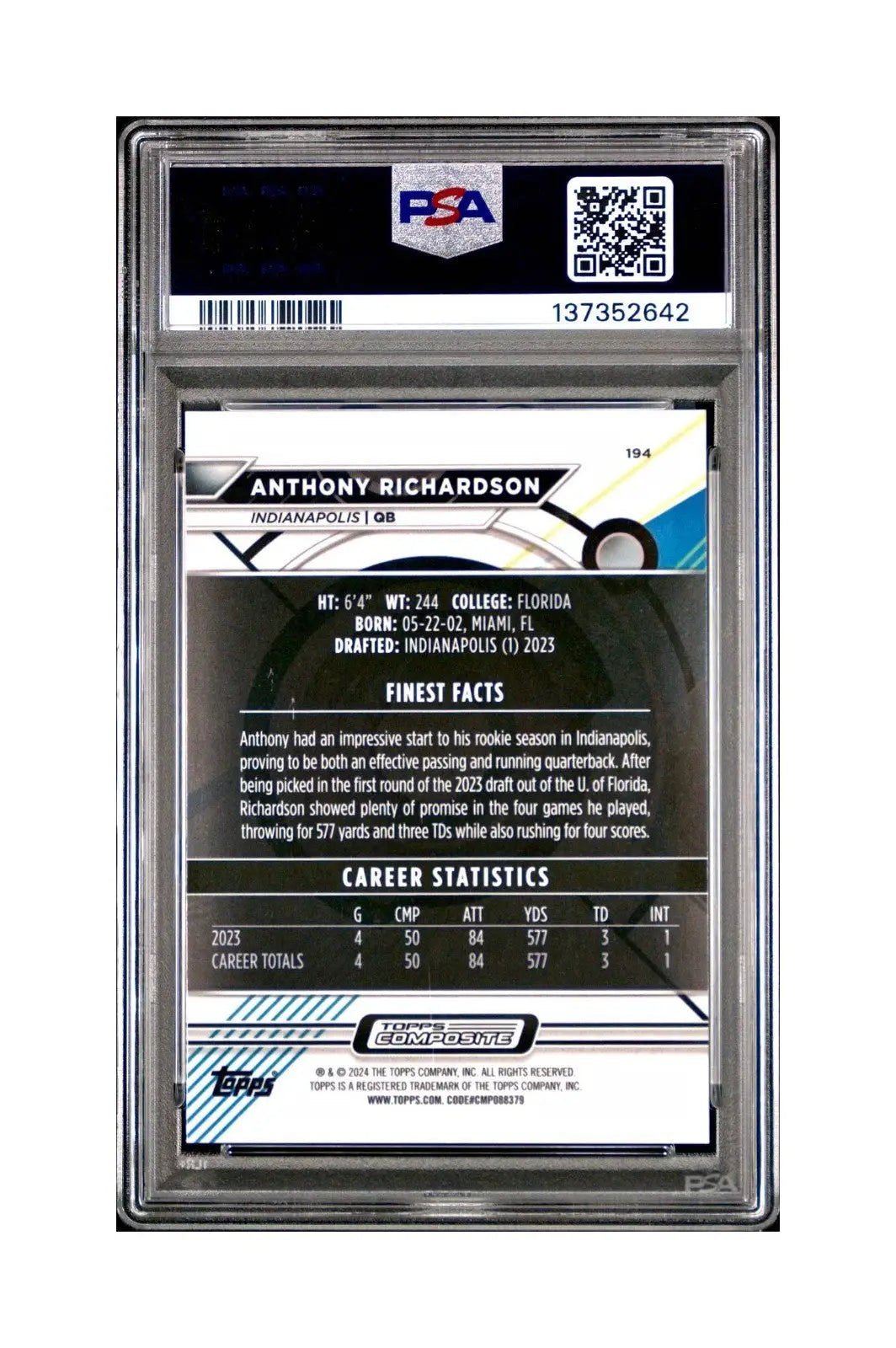 Anthony Richardson 2023 Topps 204/325 Fineest #194 Sky Blue Refractors PSA 10