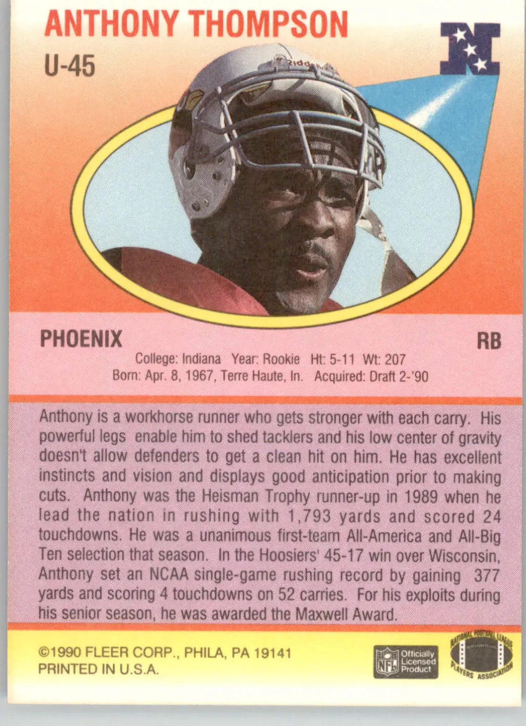 Anthony Thompson - 1990 Fleer Update - #U-45 - RC Football
