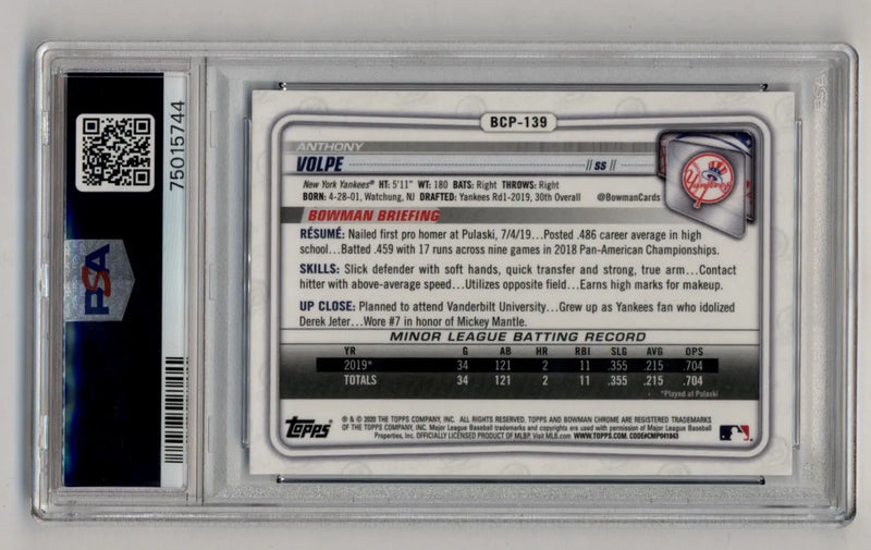 Anthony Volpe Bowman Chrome Sapphire trading card with batting record and Bowman Briefing