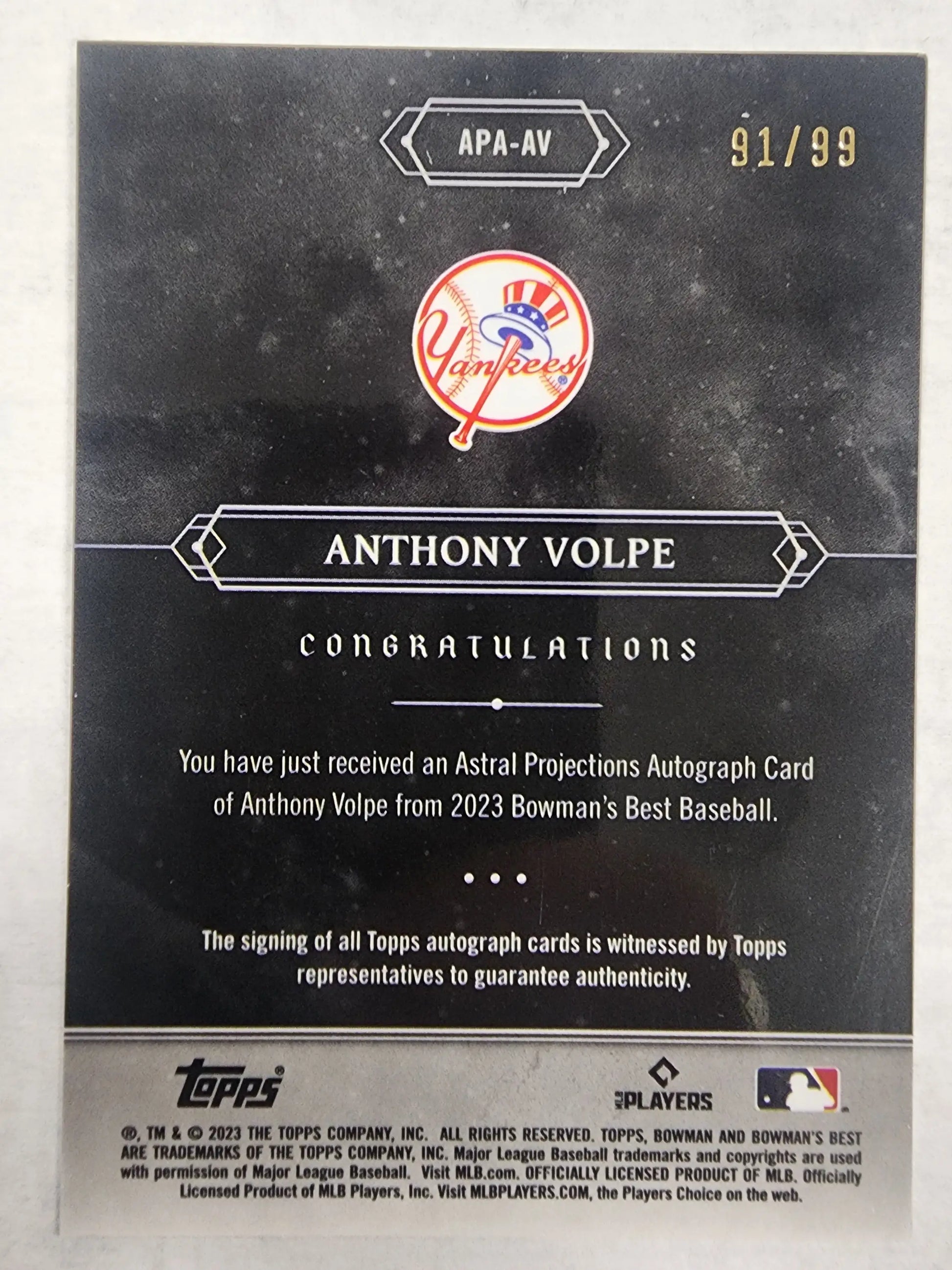 Anthony Volpe 2023 Bowmans Best Astral Projections Auto #91/99 - Baseball Card Single