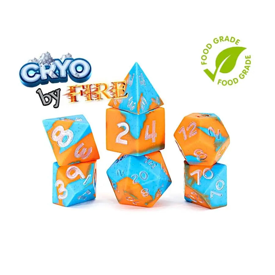 Anti-Stress Silicon RPG Dice Set Cryo with orange and blue food grade silicone dice