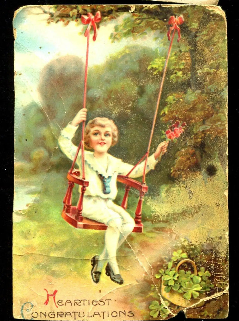 Vintage Antique German Valentine Post Card featuring heartiest congratulations from 1920