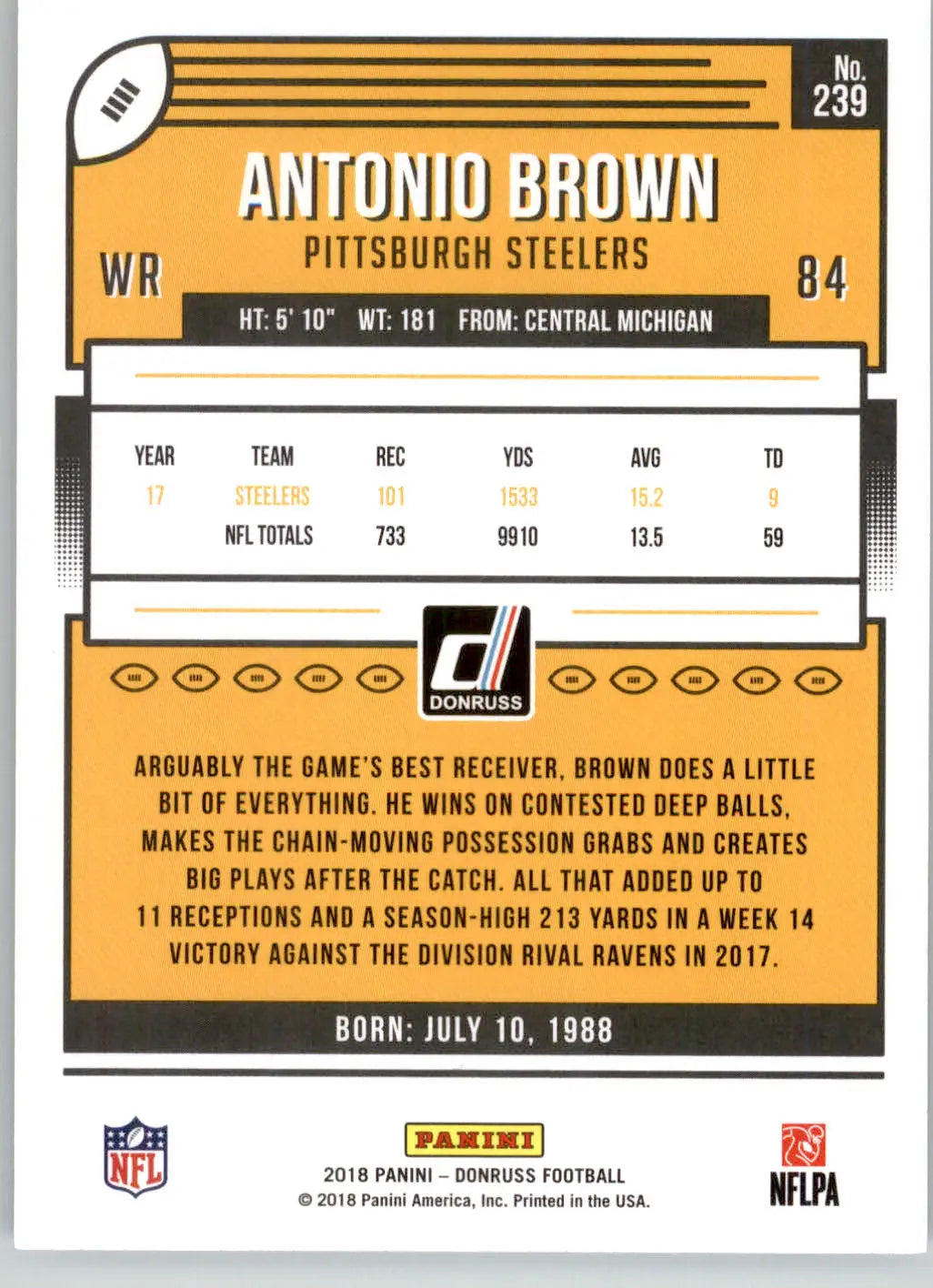 Antonio Brown - 2018 Donruss - #239 - Football - Football Card Single