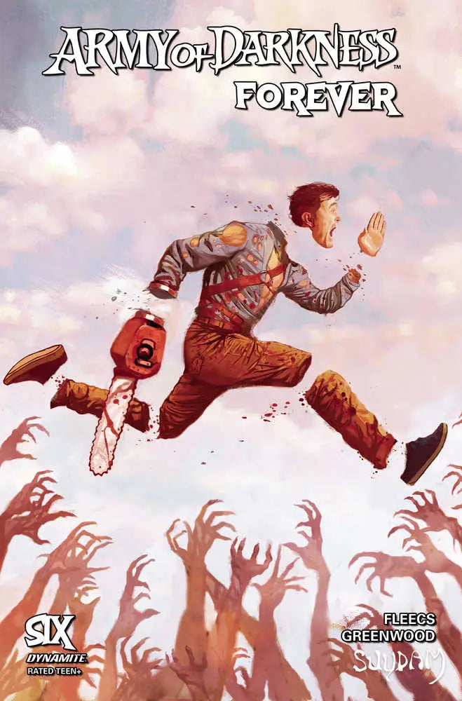 Comic book cover featuring a person in brown leather evading zombie hands, Aod Forever #6
