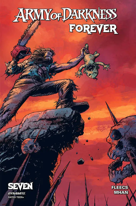 Comic book cover of AOD Forever #7 features skeletons in action against a red sky