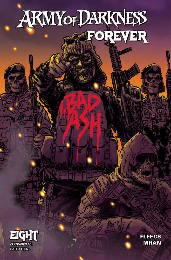 Comic book cover for Army of Darkness Forever with military figures, skulls, and weapons