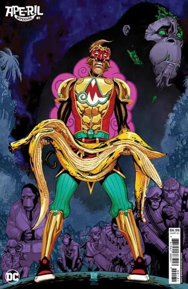 Superhero in gold and green costume with pink energy effects for Ape-Ril Special #1 trading card