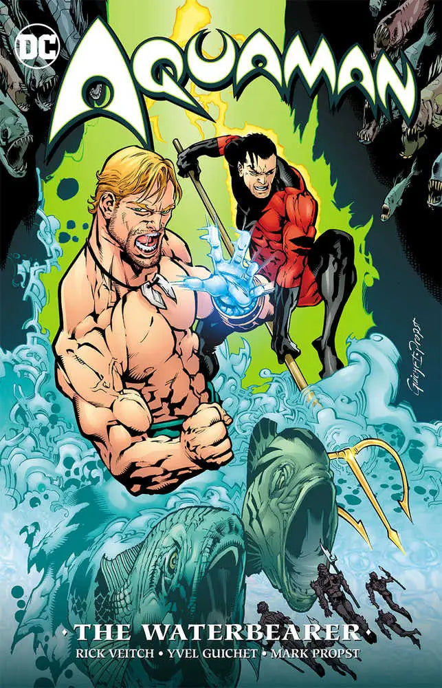 Comic book cover for Aquaman The Waterbearer TPB with dynamic underwater action scenes