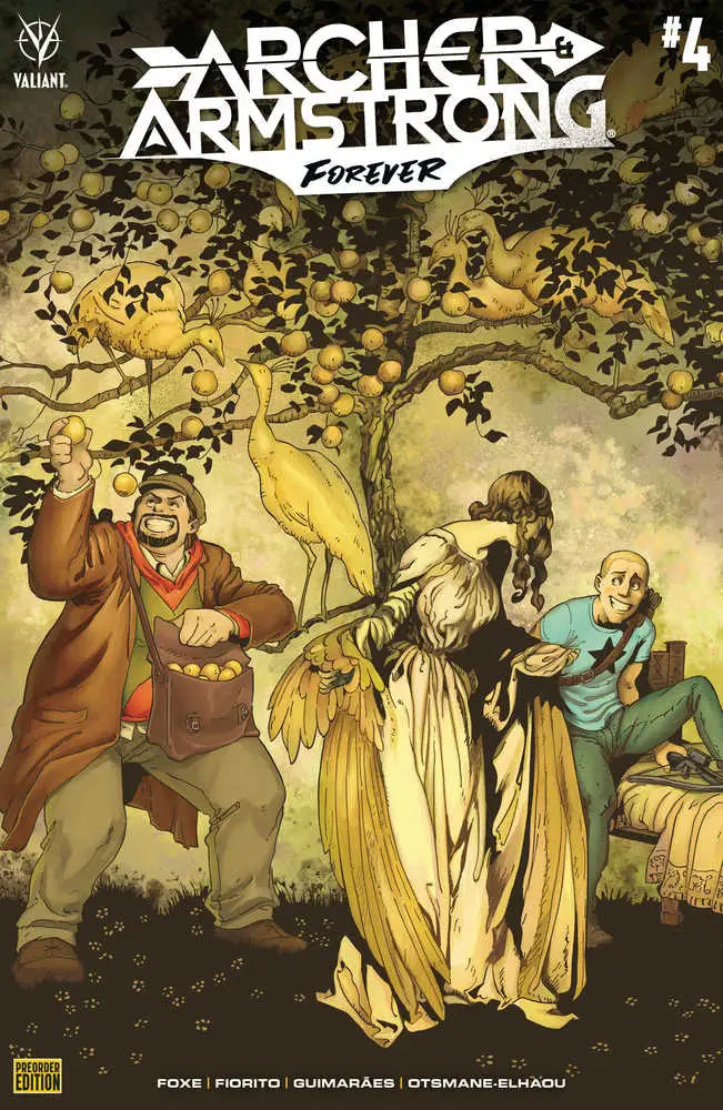 Comic book cover for Archer & Armstrong Forever #4 with trading cards theme