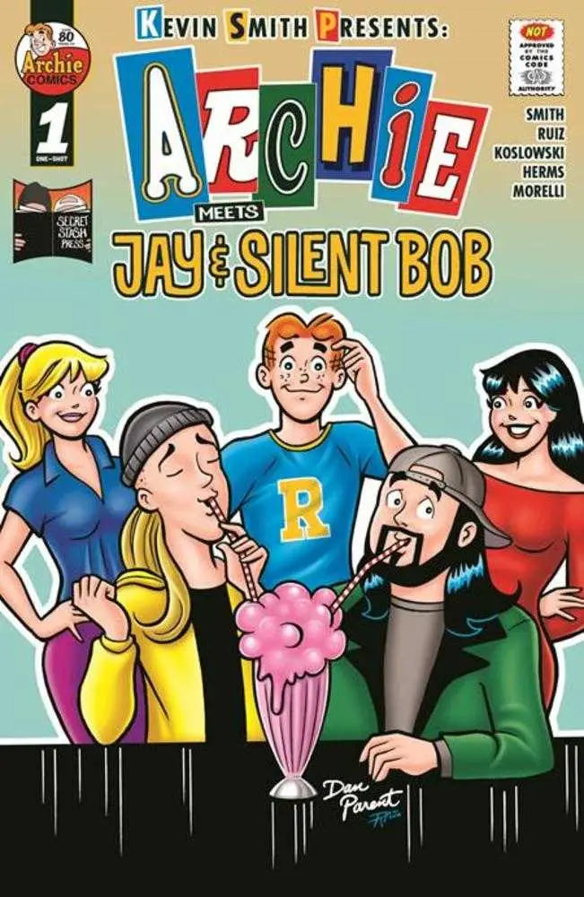 Comic book cover featuring Archie meets Jay and Silent Bob sharing a milkshake, Cover E Dan
