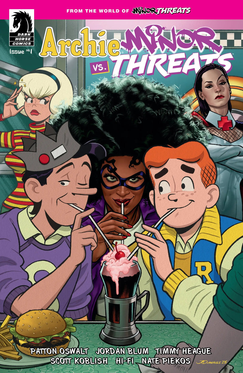 Comic book cover featuring minor threats characters sharing a milkshake at a diner