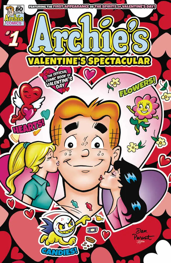 Comic book cover for Archies Valentine’s Spectacular with cartoon hearts and themed decor