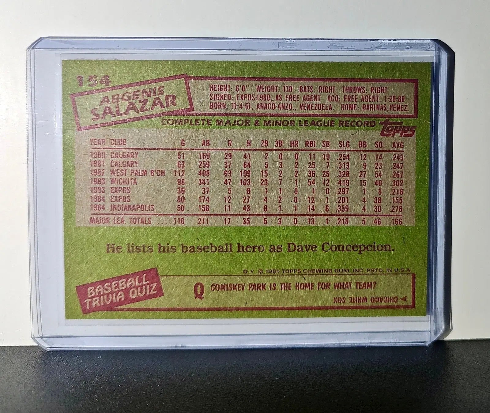 Argenis Salazar 1985 Topps MLB #154 Baseball Card Montreal Expos - Baseball Card Single