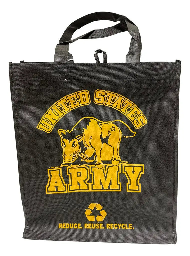 Black tote bag with yellow United States Army logo and mule mascot for trading cards