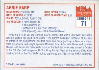 Arnie Karp - 1989 Mega Drag - #71 - Racing - Racing Card Single