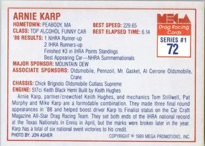 Arnie Karp - 1989 Mega Drag - #72 - Racing - Racing Card Single