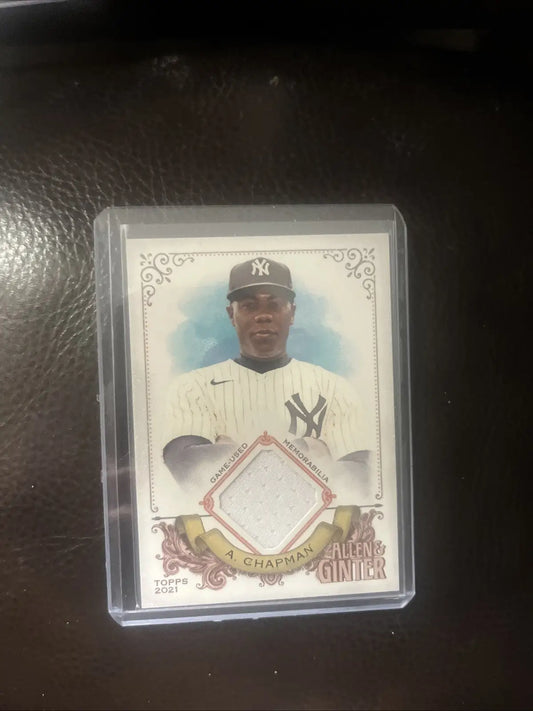 Aroldis Chapman trading card featuring New York Yankees pinstripe game-used relic 2019