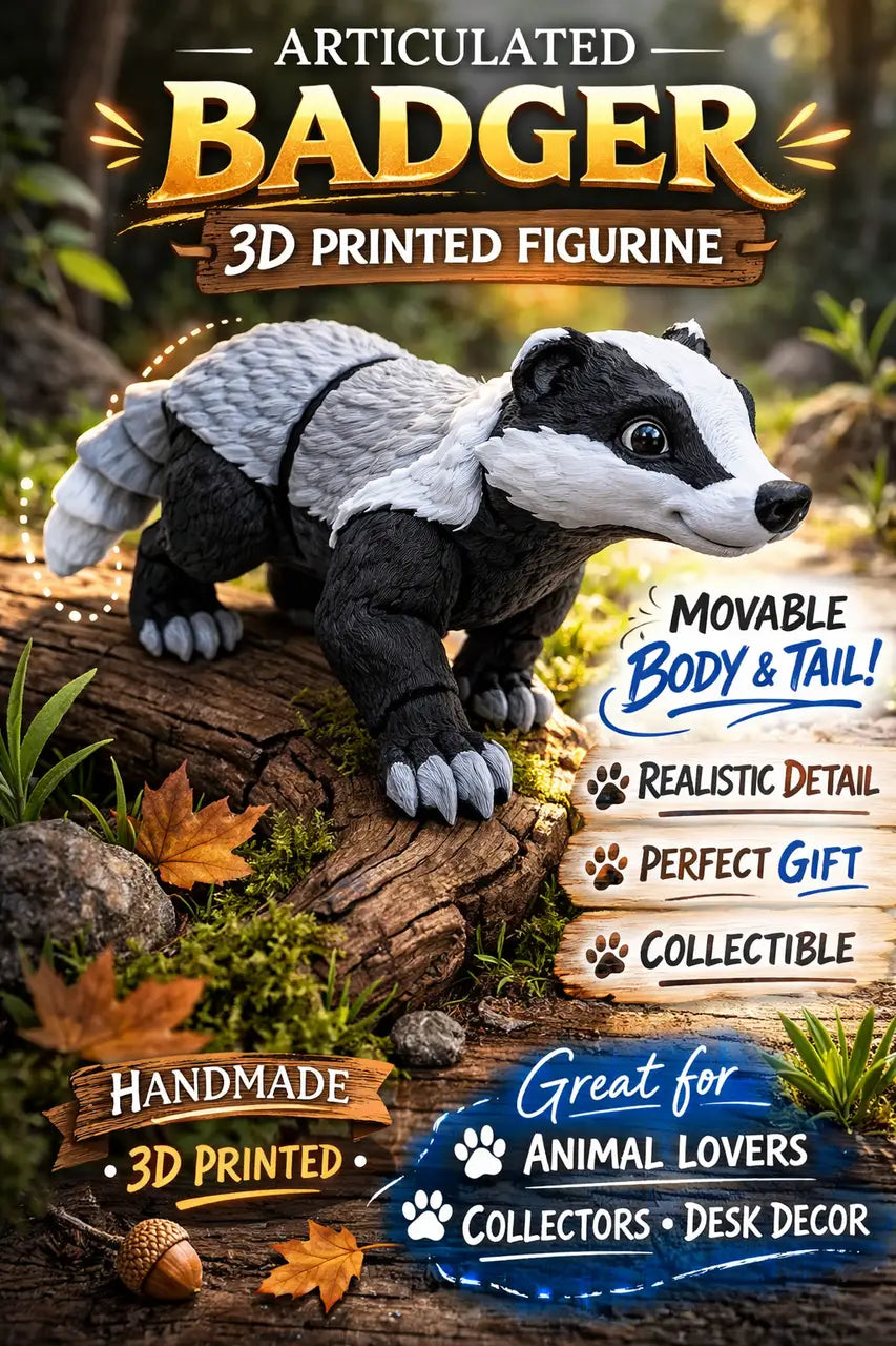 Articulated Badger Figure 3D Printed Animal Toy Movable Woodland Gift - Action Figure & Toy