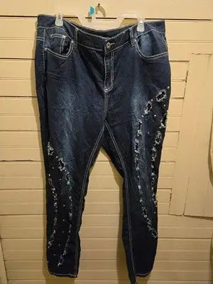Ashley Stewart Jeans Womens 18 Dark Wash Distressed Frayed Studs Stretch - Apparel