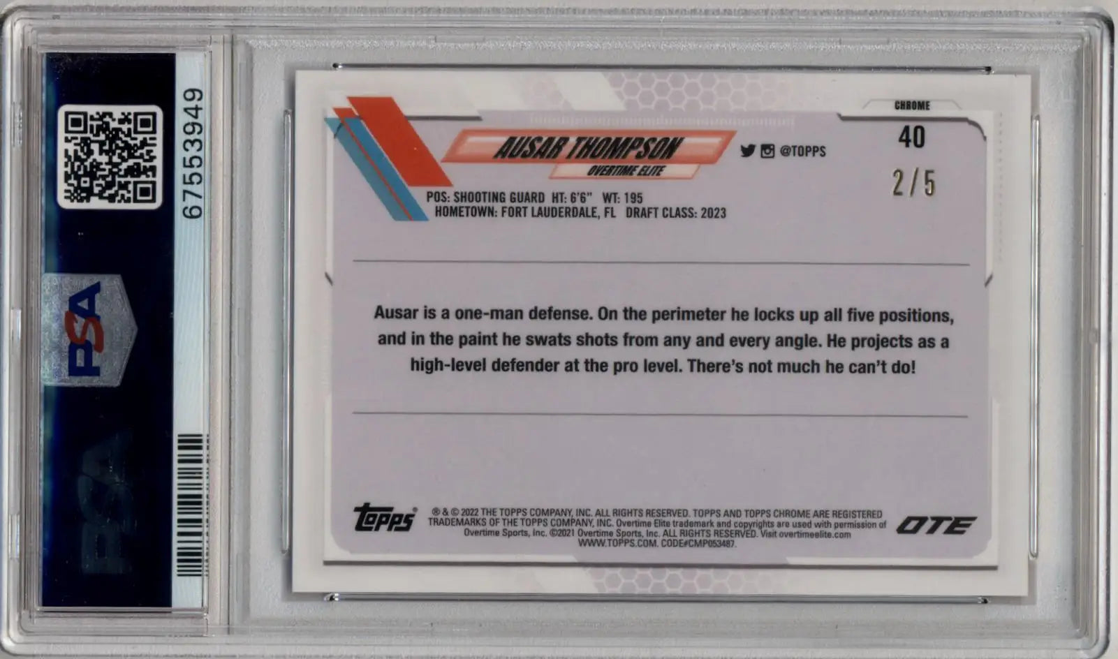Ausar Thompson 2021-22 Topps Chrome Overtime Elite Red Refractors #40 2/5 PSA 10 Gem Mint - Basketball Card Single