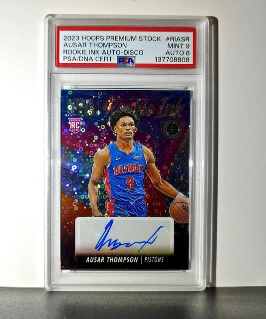 Ausar Thompson 2023 NBA Hoops #RI-ASR Rookie Ink Prizm Disco Ball PSA 9 Auto 8