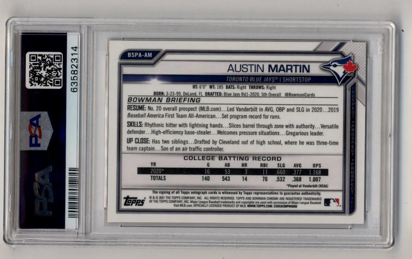 Austin Martin 2021 Bowman Chrome Sapphire Edition Orange Refractor Auto 05/25 PSA 10 Gem Mint - Baseball Card Single