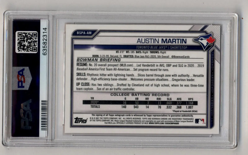 Austin Martin 2021 Bowman Chrome Sapphire Edition Orange Refractor Auto 05/25 PSA 10 Gem Mint - Baseball Card Single