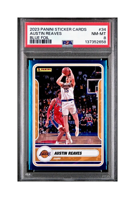 Austin Reaves 2023-24 Panini Sticker Cards #34 141/200 Blue Foil PSA 8 NM-MT - Basketball Card Single