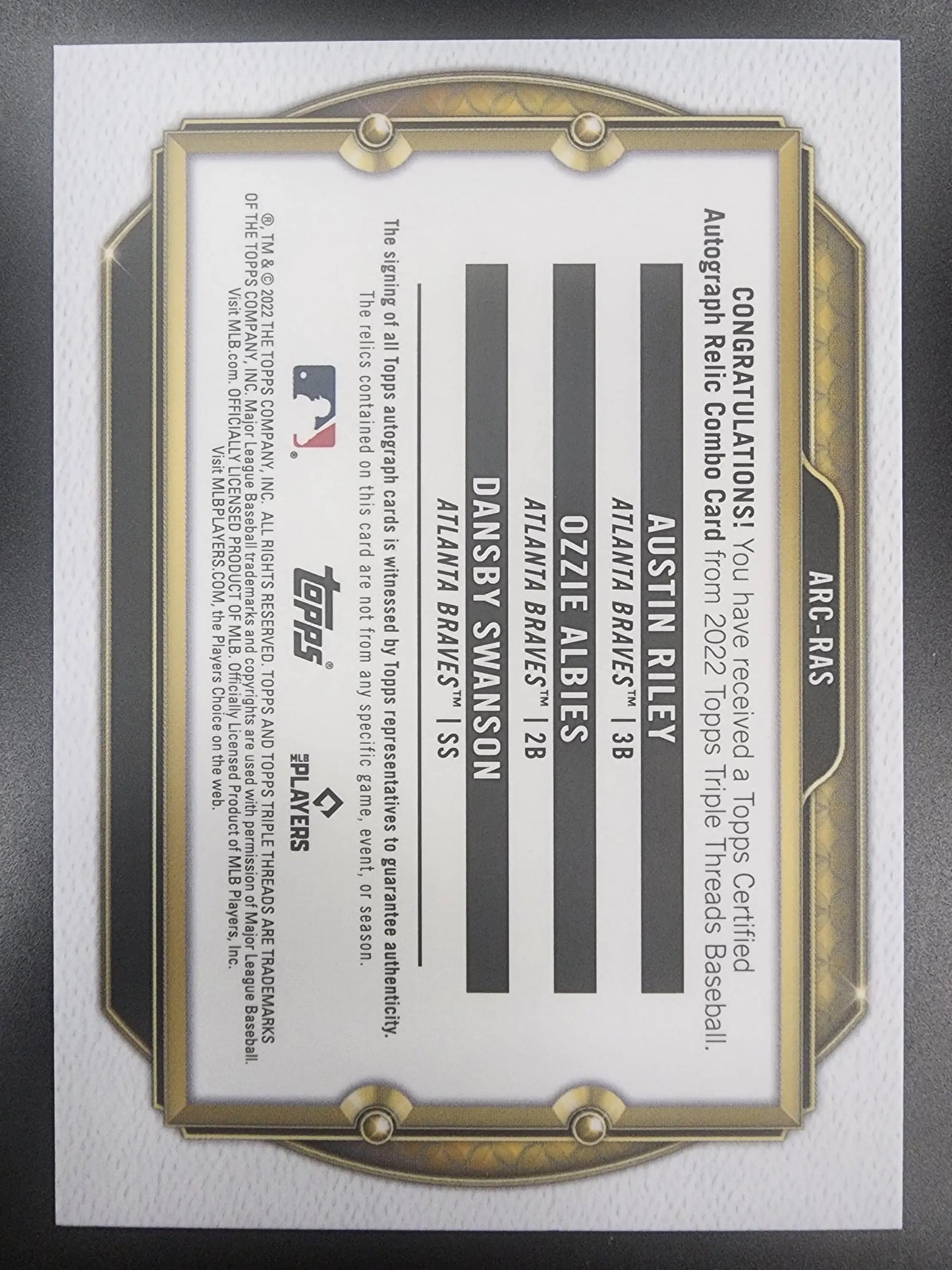Austin Riley Ozzie Albies Dansby Swanson 2022 Topps Triple Threads Jersey Auto #9/27 - Baseball Card Single