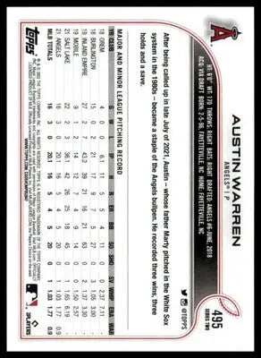 Austin Warren Rookie 2022 Topps #495 Los Angeles Angels - Baseball Card Single
