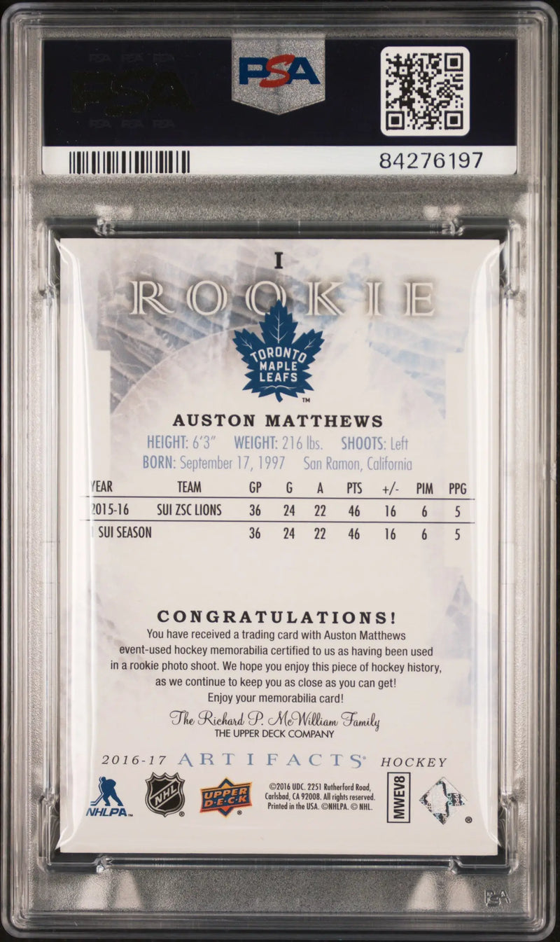 PSA-graded Auston Matthews 2016 Upper Deck Artifacts Relic Redemption with Maple Leafs logo