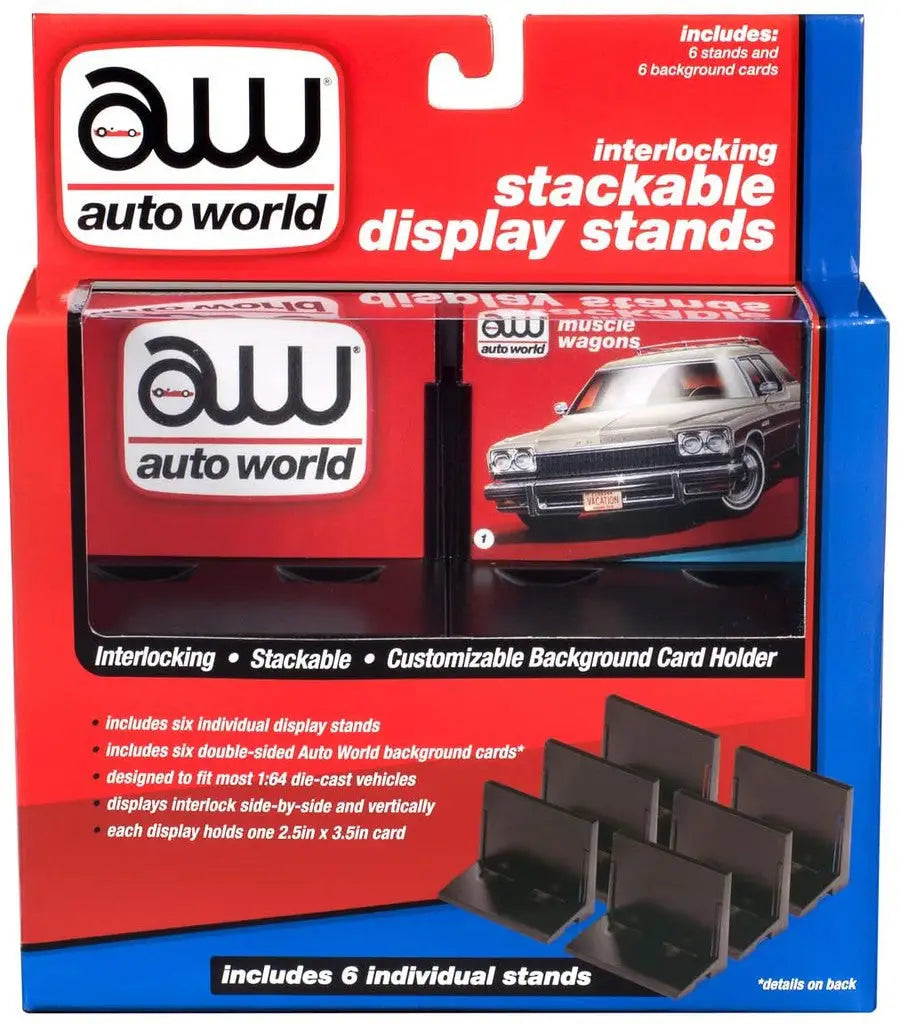 Interlocking display stands for Auto World model cars in retail packaging