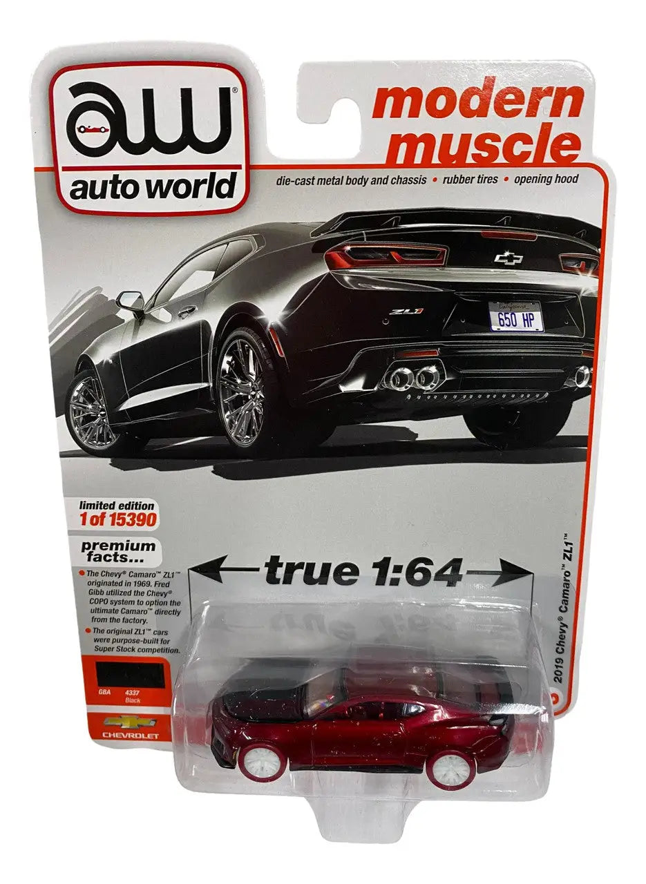 Red metallic toy car in blister packaging from Auto World Camaro ZL1 Series