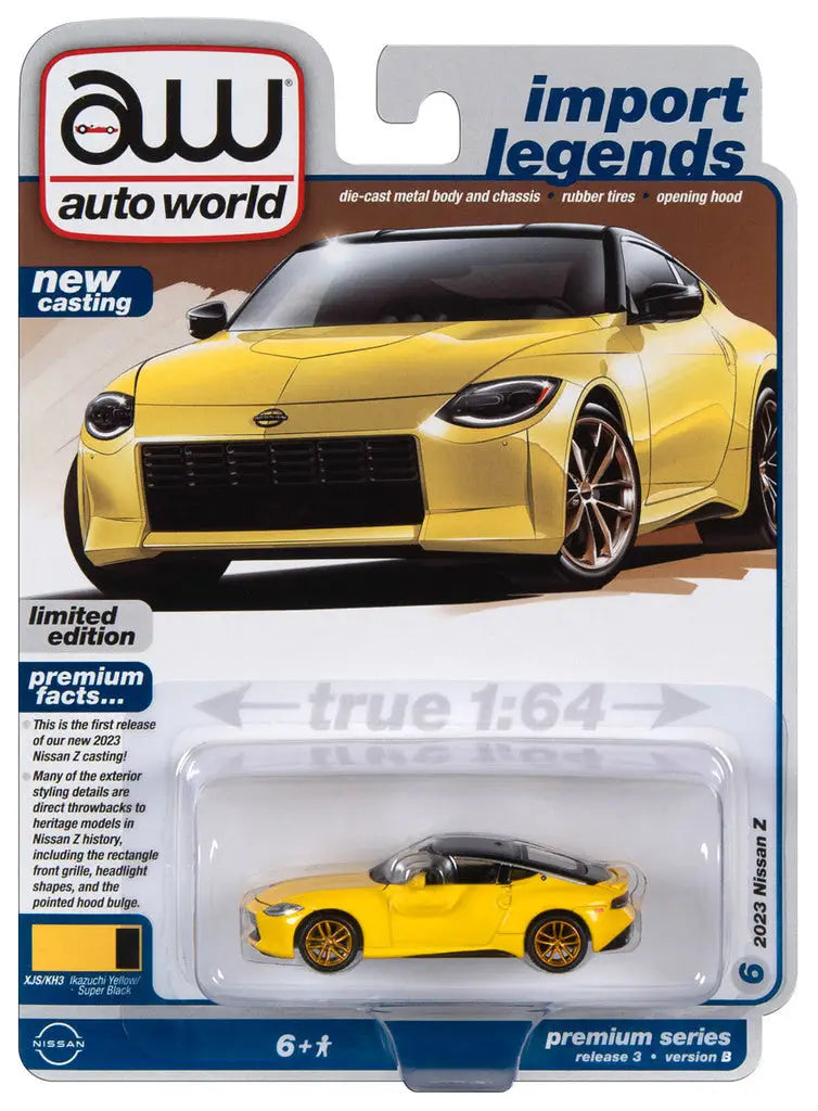 Yellow Nissan Z Series B die-cast model car in packaging by Auto World