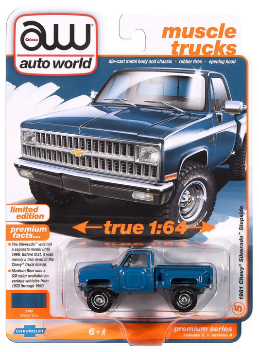 Blue 1981 Chevy Silverado toy truck from Auto World Muscle Trucks Series A