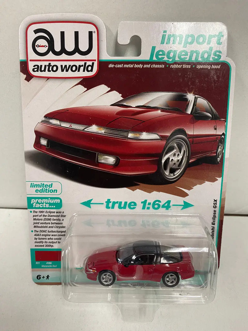 Red 1991 Mitsubishi Eclipse GSX diecast car from Auto World in the Import Legends series
