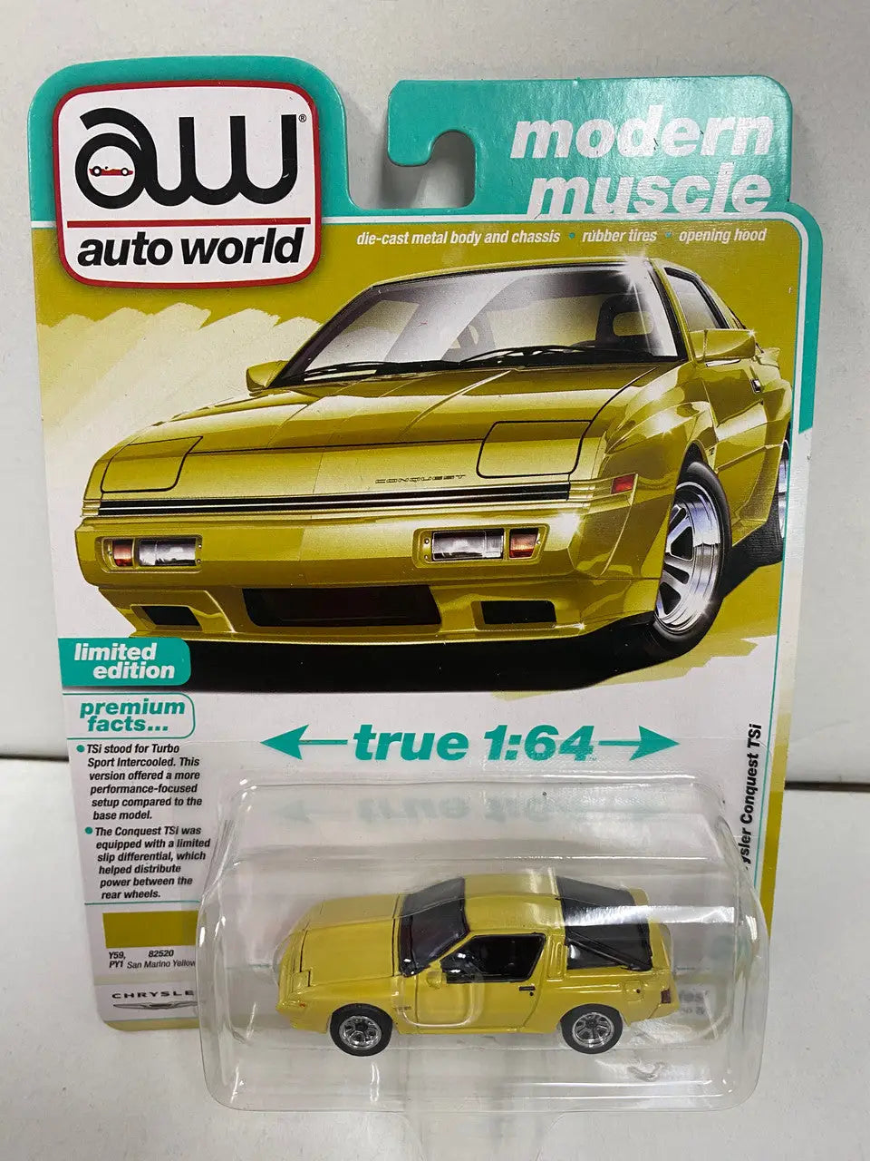 Yellow diecast car in packaging from Auto World Chrysler Conquest TSi Series B