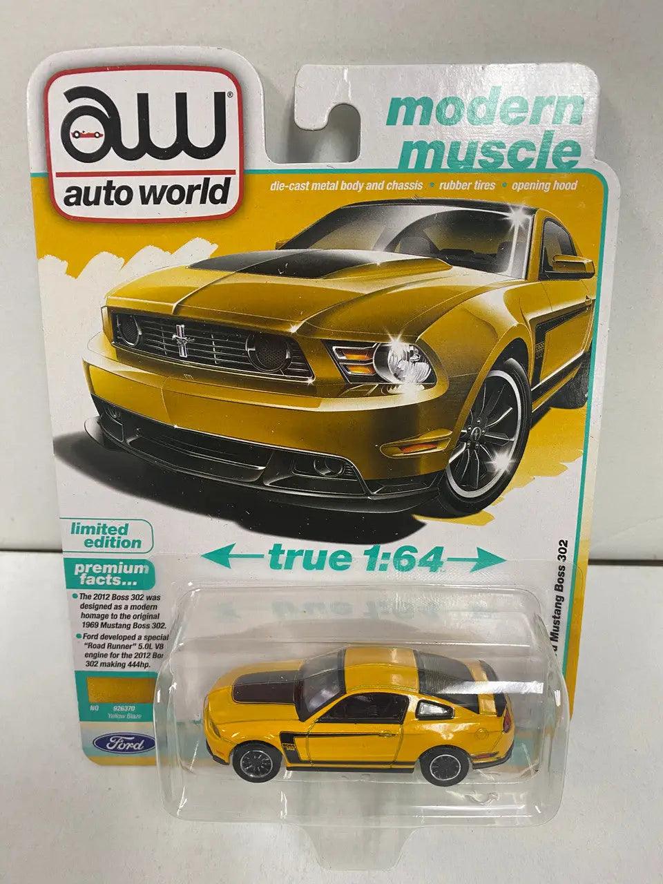 Auto World yellow Ford Mustang Boss from Mustang Boss Series 2012 in 1:64 scale