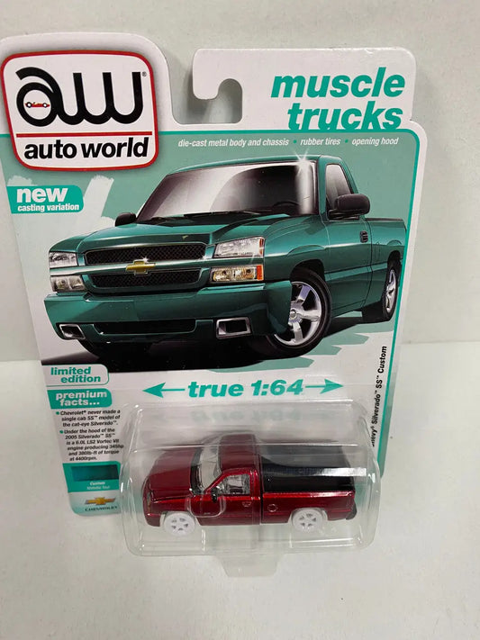 Toy muscle truck in packaging from Auto World Silverado SS Series 2005 Chevy Silverado
