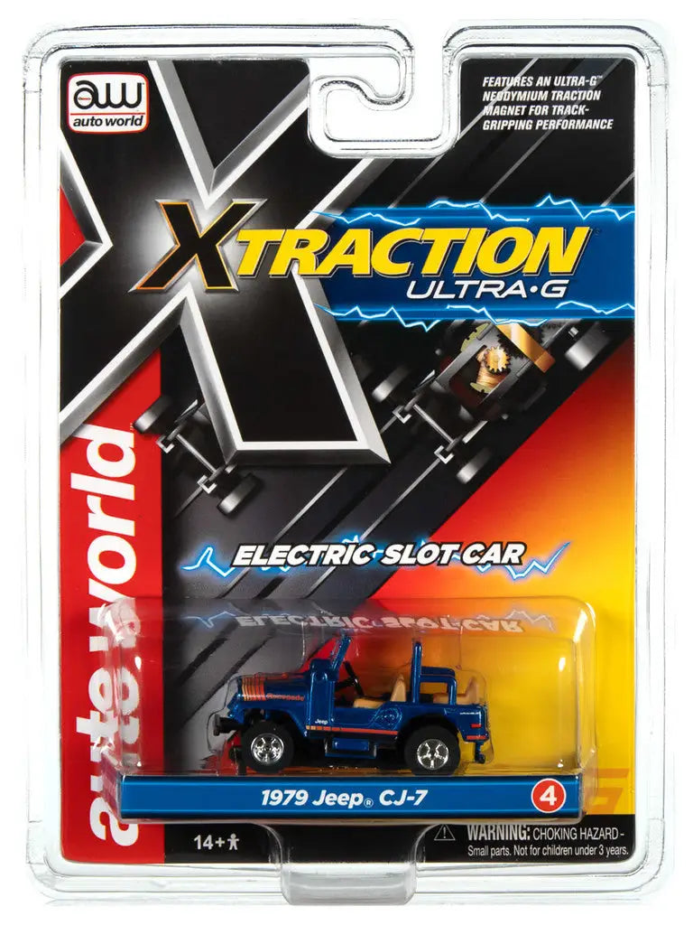 Packaged toy model of a blue 1979 Jeep CJ-7 from Auto World SC368 R35 Xtraction Ultra G series