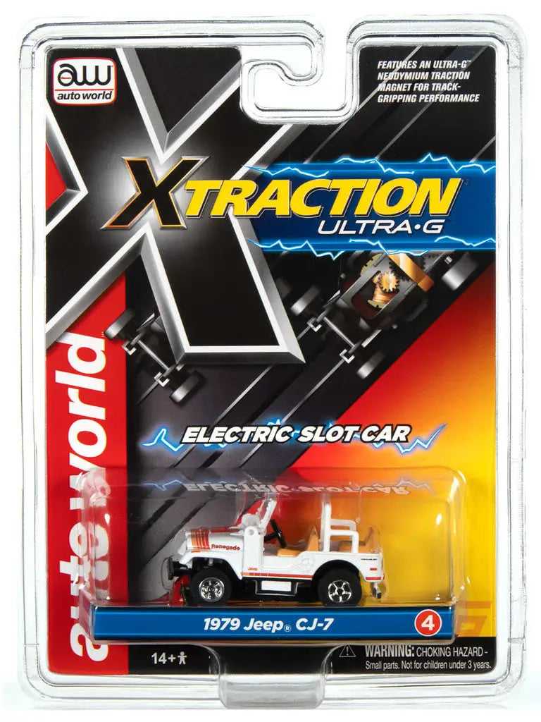Packaged toy model of a white 1979 Jeep CJ-7 for Auto World SC368 R35 Xtraction slot car