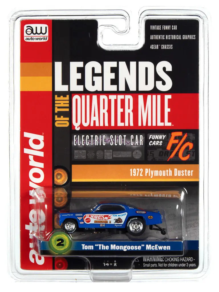 Die-cast model of a 1972 Plymouth Duster Tom in blue and white by Auto World SC376