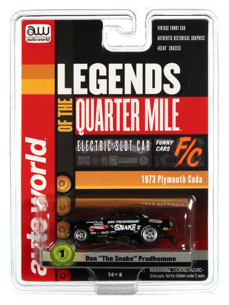 Die-cast model of a 1973 Plymouth Cuda Don, Auto World SC376 R1 Legends packaging